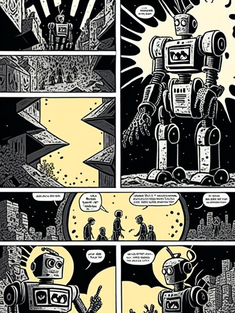 Prompt: <mymodel>love robot stortelling of  panels of comic for manga, double page, surreal atmosphere, symbolic representation, high contrast, deep shadows, monochromatic, digital rendering, high quality, minimalist, conceptual art, graffiti style, abstract, surreal, symbolic, atmospheric lighting, comic édition. full strory comic love robot stortelling 