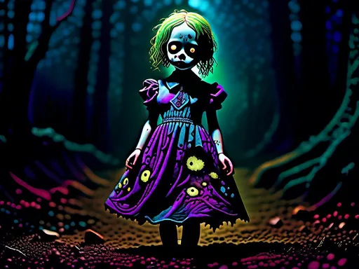 Prompt: full body shot, Little chaotic evil insane living dead girl with rotting pale flesh in a beautiful out of place dress, eerie atmospheric lighting, psychedelic  color tones, horror, detailed facial features, highres, ultra-detailed, Lovecraftian, eerie, sinister, haunting lighting, divine madness, holy killer, little Goddess of death. longing, madness, nothing love, holy death girl, smiling from ear to ear, glowing white eyes with ethereal trails, extreme emotion, If you are reading this I love you so much.<mymodel>