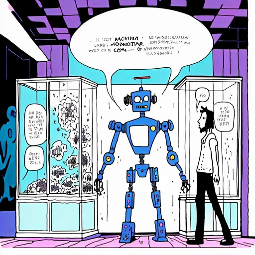 Prompt: <mymodel><mymodel>a robot standing next to a machine in a glass case with a man inside of it, Artgerm, panfuturism, ex machina, concept art robot stortelling of  panels of comic for manga, with speech bubbles. white and empty Speech bubbles, double page, surreal atmosphere, symbolic representation, high contrast, deep shadows, monochromatic, digital rendering, high quality, minimalist, conceptual art, graffiti style, abstract, surreal, symbolic, atmospheric lighting, comic édition. full strory comic love robot, white and empty Speech bubbles, stortelling  a robot standing next to a machine in a glass case with a man inside of it, Artgerm, panfuturism, ex machina, concept art