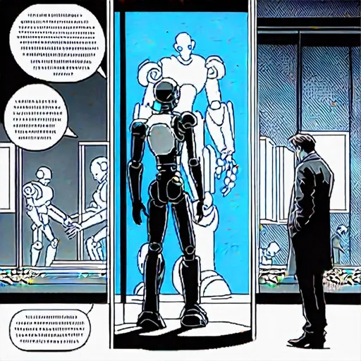 Prompt: <mymodel>a robot standing next to a machine in a glass case with a man inside of it, Artgerm, panfuturism, ex machina, concept art robot stortelling of  panels of comic for manga, with speech bubbles. white and empty Speech bubbles, double page, surreal atmosphere, symbolic representation, high contrast, deep shadows, monochromatic, digital rendering, high quality, minimalist, conceptual art, graffiti style, abstract, surreal, symbolic, atmospheric lighting, comic édition. full strory comic love robot, white and empty Speech bubbles, stortelling  a robot standing next to a machine in a glass case with a man inside of it, Artgerm, panfuturism, ex machina, concept art