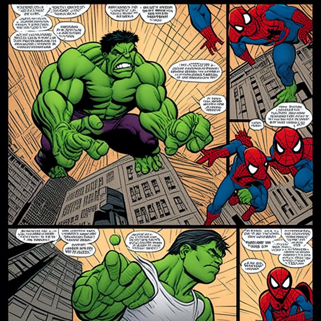 Prompt: <mymodel>comic strip Hulk vs Spiderman  full page