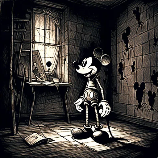 Prompt: <mymodel>Creepy, unsettling illustration of Mickey Mouse, dark and eerie ambiance, eerie details, high quality, detailed shadows, horror, sinister, disturbing, eerie lighting, surreal, unsettling atmosphere, dark tones, menacing, suspenseful, detailed, haunting, ominous