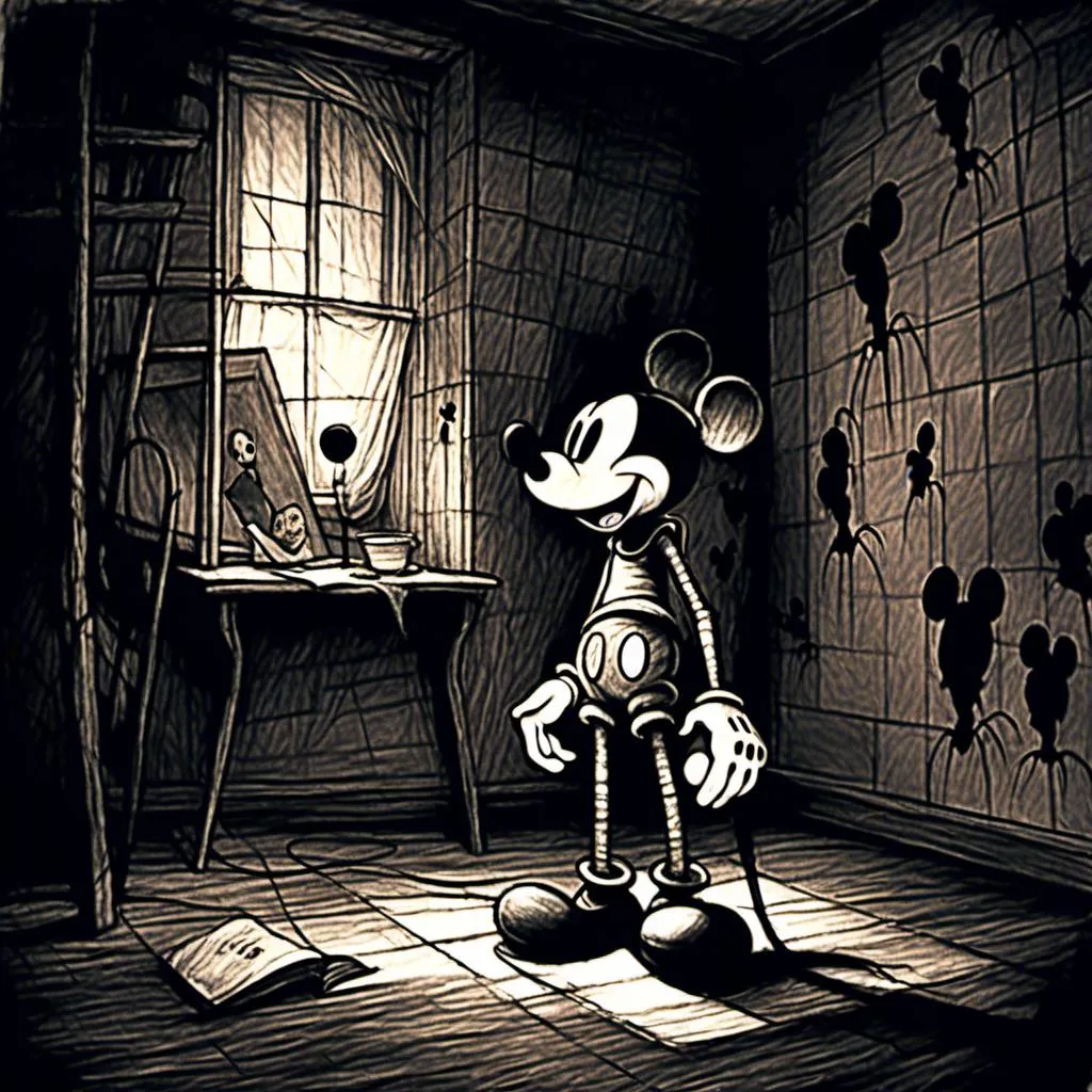 Prompt: <mymodel>Creepy, unsettling illustration of Mickey Mouse, dark and eerie ambiance, eerie details, high quality, detailed shadows, horror, sinister, disturbing, eerie lighting, surreal, unsettling atmosphere, dark tones, menacing, suspenseful, detailed, haunting, ominous