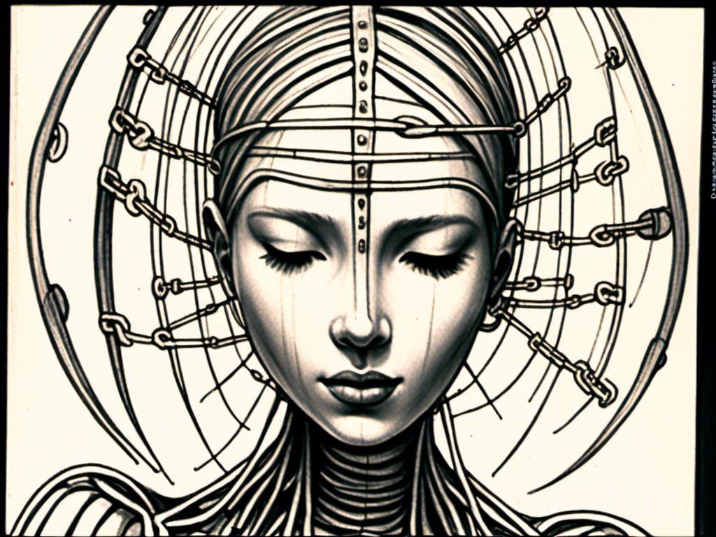 Prompt: <mymodel> teenage female cenobite with face covered in symmetrical metal blades and machines. insane laughter, dead, dead white eyes, Goddess of love and pain, divine madness, detailed facial expression, suspended in air by chains coming out of her body, ultra fine details, masterpiece