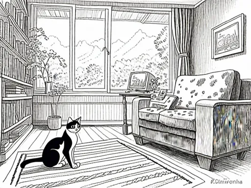 Prompt: <mymodel><mymodel> a cat shows a cat on the living room television drawing of a contented cat enjoying, inked, detailed fur with subtle highlights, tranquil ambiance, high quality, charcoal drawing, realistic, detailed, contented cat, a cat shows a cat on the living room television, tranquil ambiance