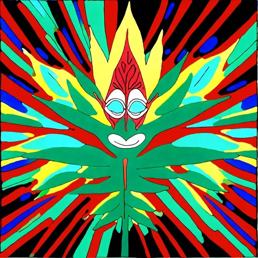 Prompt: <mymodel><mymodel>Psychedelic digital rendering of a vibrant green cannabis leaf, shadow of the leaf plant at the bottom, rasta-themed background in green, yellow, and red, detailed and intricate leaf veins, vibrant and lively colors, high contrast, trippy artistic style, surreal lighting effects, best quality, highres, ultra-detailed, psychedelic, vibrant colors, intricate details, surreal lighting, rasta-themed background, cannabis leaf