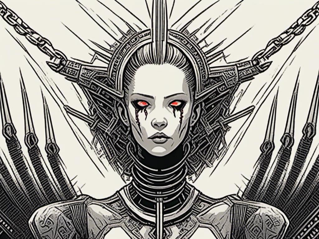 Prompt: <mymodel> teenage female cenobite with face covered in symmetrical metal blades and machines. insane laughter, dead, dead white eyes, Goddess of love and pain, divine madness, detailed facial expression, suspended in air by chains coming out of her body, ultra fine details, masterpiece