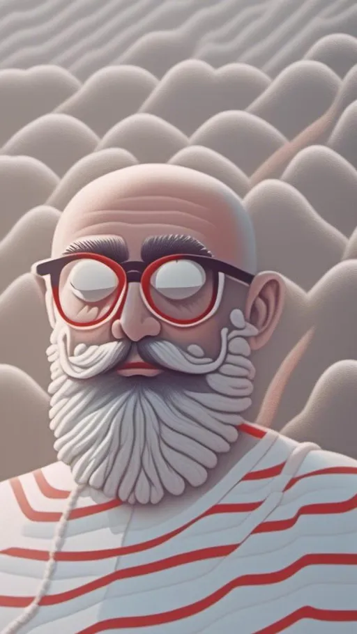 Prompt: <mymodel><mymodel>Bearded man drawn like a logo, whit mustache,no hair, bald head, White cotton t-shirt with horizontal red stripes very regular and 1cm large, round glasses, high quality, detailed design, minimalistic, professional lighting, cool tones, minimalist style, highres, detailed facial hair, mature, sophisticated, cool tones, minimalistic, focused lighting<mymodel>