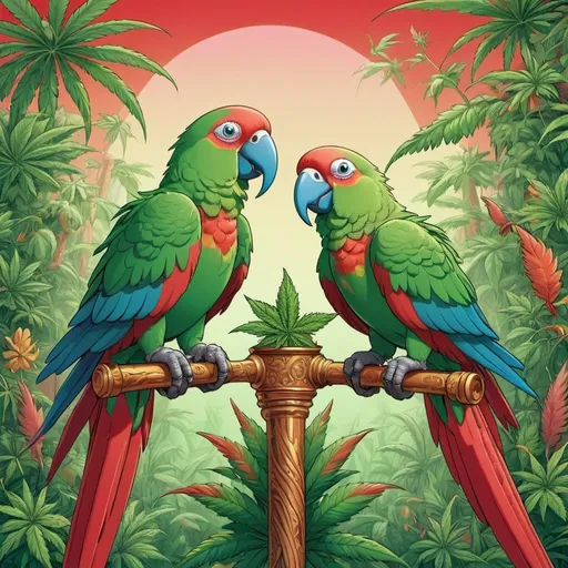 Prompt: prompt de base : Cartoon illustration " 2 parrots green and red  " with basmoking big joint with friends and big cannabis, vibrant and colorful, whimsical fantasy setting, intricate details, high quality, misc-manga, fantasy, vibrant colors, intricate design, magical atmosphere.
