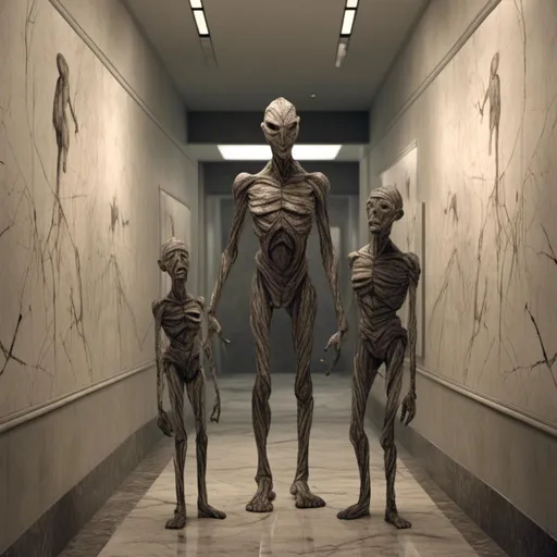 Prompt: <mymodel>a creepy looking creature with a large head and two smaller heads on his body in a hallway with a wall, shock art, hyper real, a 3D render