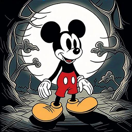 Prompt: <mymodel>Creepy, unsettling illustration of Mickey Mouse, dark and eerie ambiance, eerie details, high quality, detailed shadows, horror, sinister, disturbing, eerie lighting, surreal, unsettling atmosphere, dark tones, menacing, suspenseful, detailed, haunting, ominous