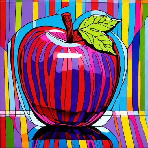 Prompt:  <mymodel>Vibrant pop art illustration of a transparent glass apple sculpture, shiny and reflective surface, bold colors, high contrast, detailed glasswork, glossy finish, artistic interpretation, modern pop art, transparent glass, vibrant colors, high quality, detailed reflections, glossy finish, striking pop art style, bold and vibrant, contemporary art, shiny surface; ce qui donne cette image 