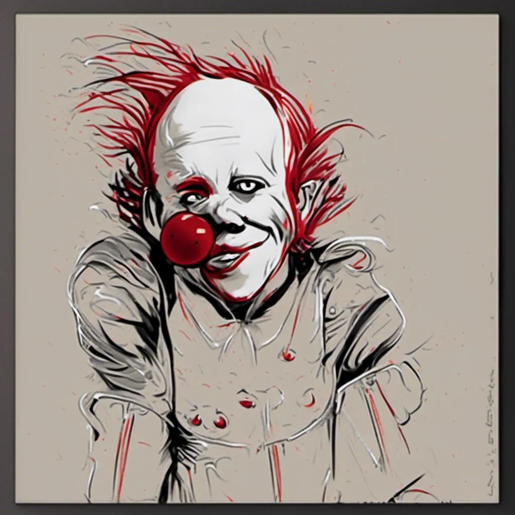 Prompt: <mymodel>Minimalistic hatching drawing of a red clown, black and white, simple lines, expressive facial features, high quality, hatching style, minimalism, contrasted shadows, detailed expression, professional, clean composition, monochrome, dramatic lighting