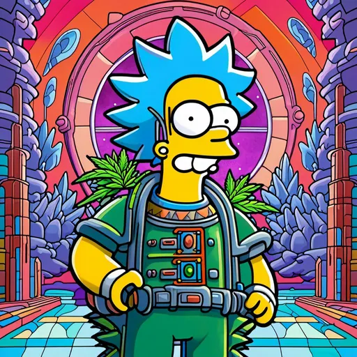 Prompt: Anime by Matt Groening, illustration of Simpson caractère with cannabis outfit  by Matt Groening; futuristic sci-fi setting, detailed characters, colorful and vibrant, highres, anime by Matt Groening, sci-fi, futuristic, detailed characters, vibrant colors, professional  Matt Groening, dynamic lighting<mymodel>