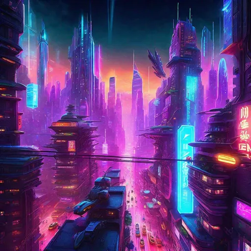 Prompt: Vibrant digital illustration of a bustling futuristic cityscape, neon-lit streets, towering skyscrapers, flying vehicles, holographic billboards, ultra-detailed cyberpunk style, cool tones, futuristic city, neon-lit, bustling streets, detailed skyscrapers, flying vehicles, holographic billboards, vibrant atmosphere, highres, professional, atmospheric lighting