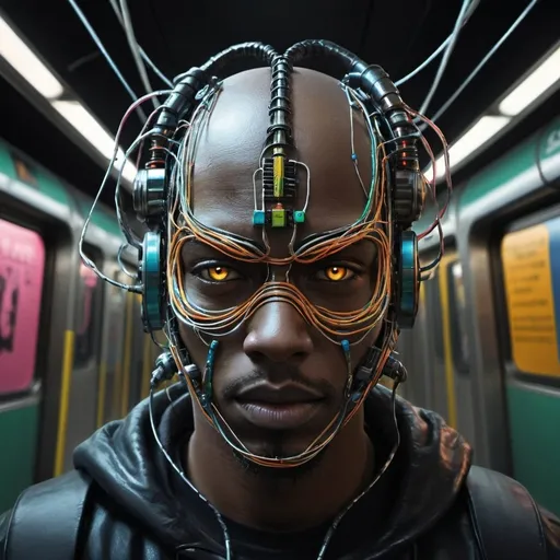 Prompt: Man with mask and wires, subway station, Android Jones, afrofuturism, cyberpunk, highres, detailed, futuristic, cybernetic wires, black background, intense lighting, urban, cybernetic mask, wired head, afrofuturism style, subway platform, professional art quality, cyberpunk art, intense gaze, vibrant colors