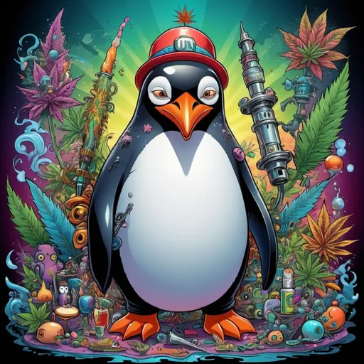 Prompt: prompt de base : Cartoon illustration "un pinguin du chaos
" with basmoking big joint with friends and big cannabis, vibrant and colorful, whimsical fantasy setting, intricate details, high quality, misc-manga, fantasy, vibrant colors, intricate design, magical atmosphere.
