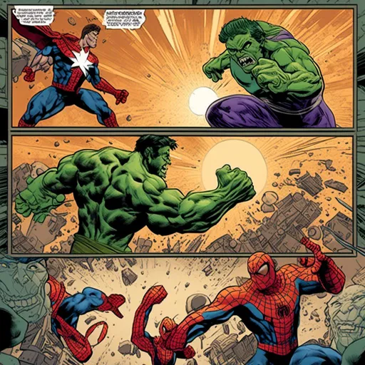 Prompt: <mymodel>Full-page comic strip of Hulk and Spiderman facing off against Thanos, dynamic action poses, vibrant colors, comic book style, high-impact lighting, detailed facial expressions, heroic and intense atmosphere, superhero battle, high quality, dynamic composition, dramatic lighting, detailed characters, intense colors