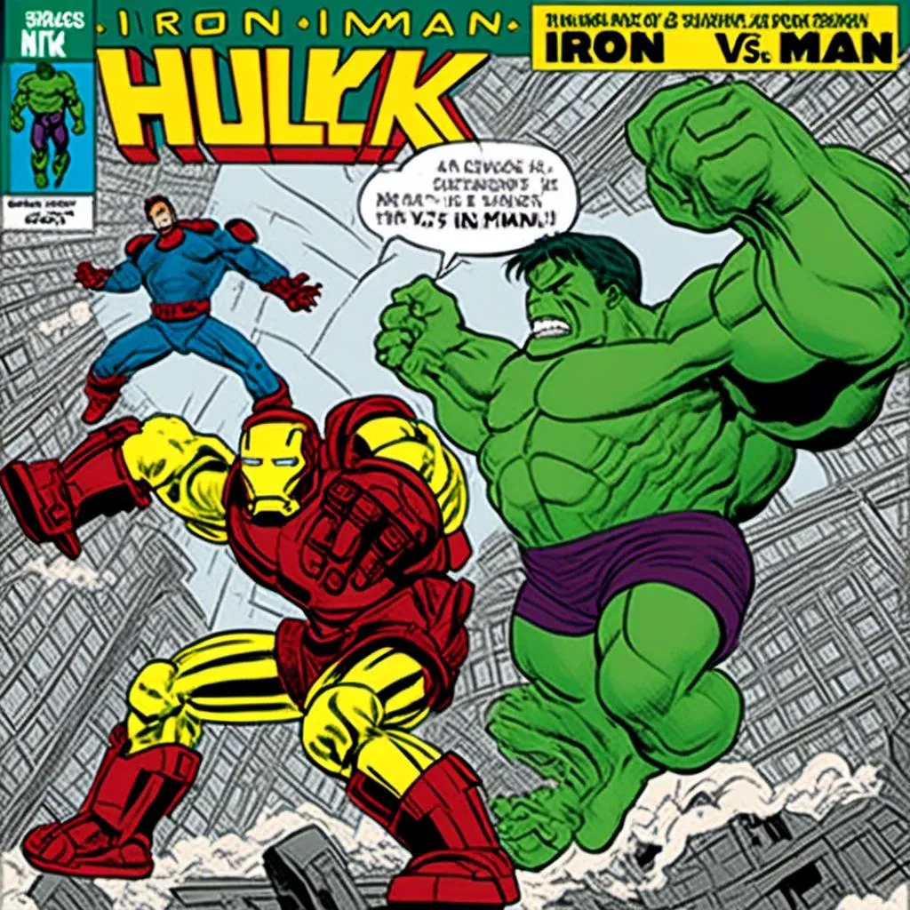 Prompt: <mymodel> 3 panel comic strip Hulk vs iron man cover 75