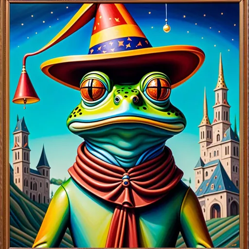 Prompt: Frog wearing a wizard hat, Picasso style, surrealism, vibrant colors, abstract shapes, whimsical composition, high quality, detailed, surrealism, Picasso style, vibrant colors, abstract shapes, whimsical composition, vibrant and bold, surreal lighting<mymodel>