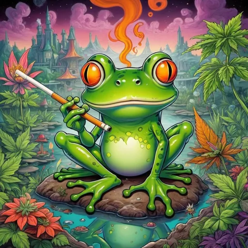 Prompt: prompt de base : Cartoon illustration "  le bœuf chie une frensh frog
" with basmoking big joint with friends and big cannabis, vibrant and colorful, whimsical fantasy setting, intricate details, high quality, misc-manga, fantasy, vibrant colors, intricate design, magical atmosphere.
