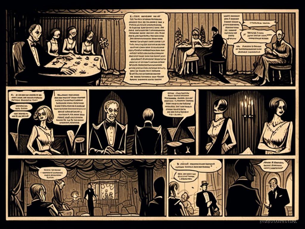 Prompt: stroyboard, storytelling, script comic book; Mysterious performers in a cabaret noir, eerie gothic <mymodel>setting, dimly lit stage, ominous atmosphere, detailed makeup, highres, detailed, misc-macabre, dark tones, gothic, vintage, atmospheric lighting; stroyboard, storytelling, script comic book