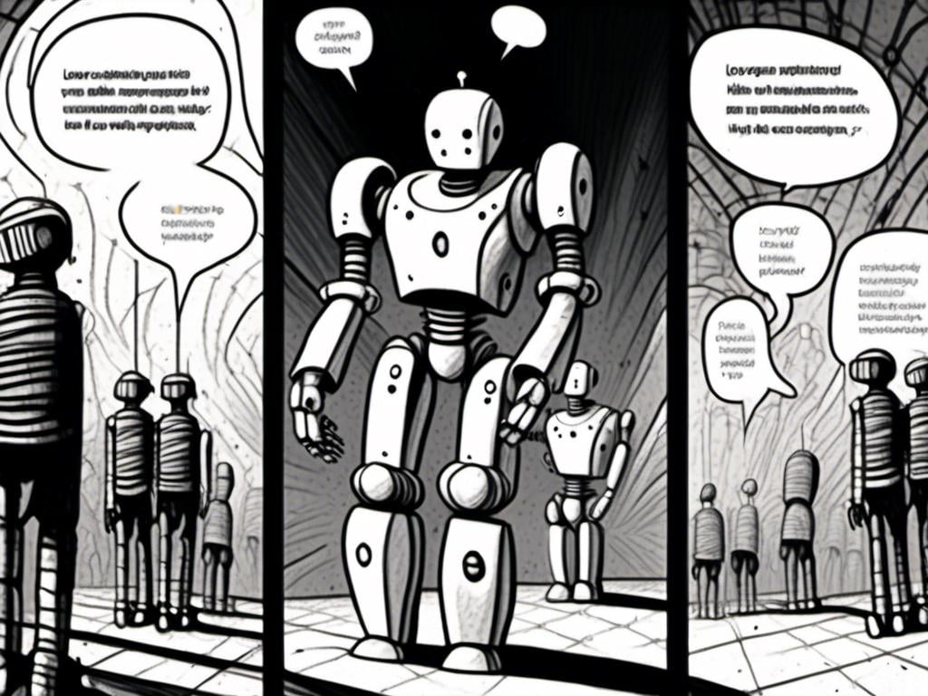 Prompt: <mymodel>love robot stortelling of  panels of comic for manga, with speech bubbles. white and empty Speech bubbles, double page, surreal atmosphere, symbolic representation, high contrast, deep shadows, monochromatic, digital rendering, high quality, minimalist, conceptual art, graffiti style, abstract, surreal, symbolic, atmospheric lighting, comic édition. full strory comic love robot, white and empty Speech bubbles, stortelling 