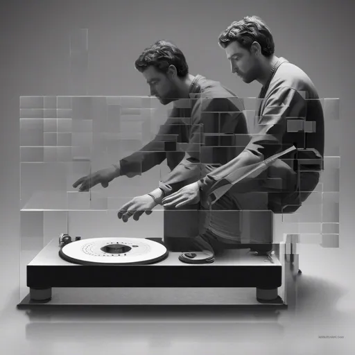 Prompt: <mymodel> here's an isometric view of a hand DJ: In this isometric view, the DJ is standing with both hands on the turntable, manipulating the record. The record is spinning quickly, creating a dynamic effect. The turntable is positioned in the center of the isometric space, with the DJ's hands hovering above it. The DJ's arms are positioned slightly out to the sides, creating a dynamic and energetic composition. The whole scene is presented from an isometric viewpoint, with a dynamic perspective and a cinematic quality.