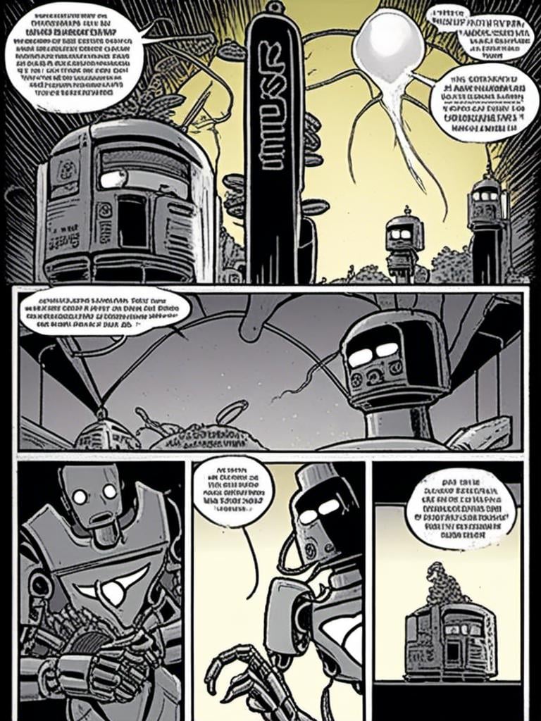 Prompt: <mymodel>love robot stortelling of  panels of comic for manga, double page, surreal atmosphere, symbolic representation, high contrast, deep shadows, monochromatic, digital rendering, high quality, minimalist, conceptual art, graffiti style, abstract, surreal, symbolic, atmospheric lighting, comic édition. full strory comic love robot stortelling 