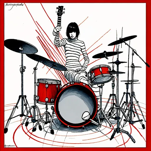 Prompt: <mymodel><mymodel>High energy digital art of The White Stripes performing Seven Nation Army, drums and Guitard, drums  vibrant colors, dynamic lighting, dramatic shadows, detailed guitar strings, intense drumming, artistic rendering, highres, ultra-detailed, music, rock, dynamic, vibrant colors, intense lighting, dramatic shadows, detailed instruments, drums and Guitard, drums  