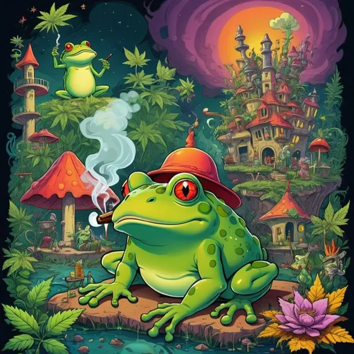 Prompt: prompt de base : Cartoon illustration "  un bœuf sous une grenouille

" with basmoking big joint with friends and big cannabis, vibrant and colorful, whimsical fantasy setting, intricate details, high quality, misc-manga, fantasy, vibrant colors, intricate design, magical atmosphere.
