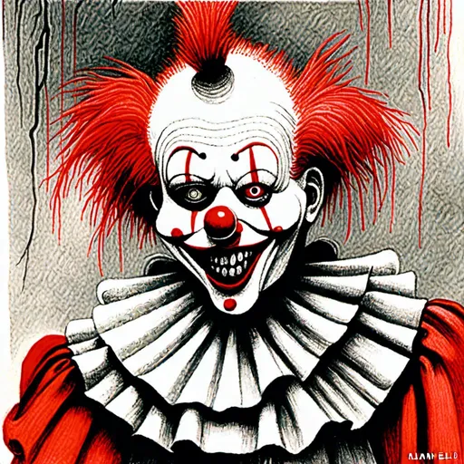 Prompt: a drawing of a creepy clown with red hair and a creepy face on a white background with a red background, Alan Lee, shock art, creepy, a drawing<mymodel>