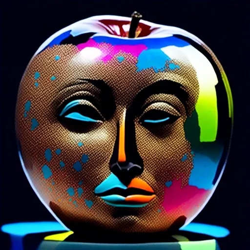 Prompt: <mymodel> <mymodel>Vibrant pop art illustration of a transparent glass apple sculpture, shiny and reflective surface, bold colors, high contrast, detailed glasswork, glossy finish, artistic interpretation, modern pop art, transparent glass, vibrant colors, high quality, detailed reflections, glossy finish, striking pop art style, bold and vibrant, contemporary art, shiny surface; ce qui donne cette image 