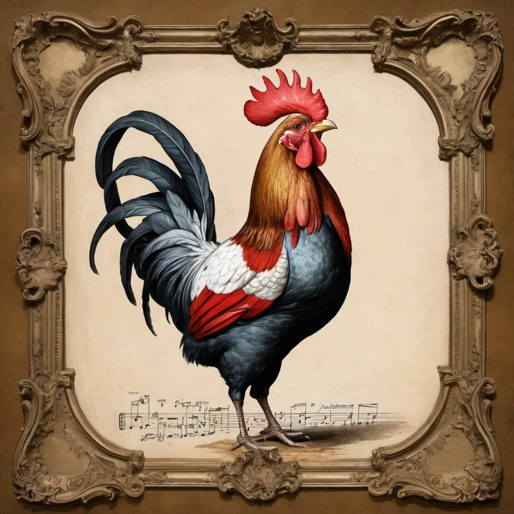 Prompt: le coq Français sur un tas de caca chante cocorico et une foule lui jette des pierres style baroque 