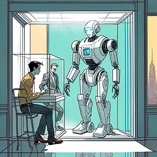 Prompt: <mymodel>story script, storytelling, panel comic of a robot standing next to a machine in a glass case with a man inside of it, Artgerm, panfuturism, ex machina, concept art