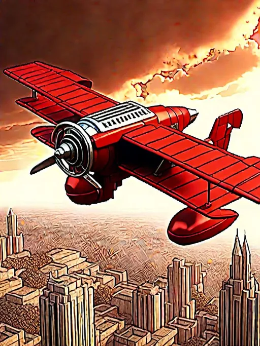 Prompt: <mymodel>High-res, detailed 3D rendering of biplan of red baron in the Sky futuristic sci-fi style, technical red ans fire and metallic tones, intense and dramatic lighting, industrial urban setting, heavy-duty mechanical design, powerful and menacing presence, fully armed with advanced weapons, intricate mechanical details, professional-quality, sci-fi, combat machine, metallic, technical blue tones, intense lighting, industrial urban setting, menacing presence, advanced weapons, mechanical details