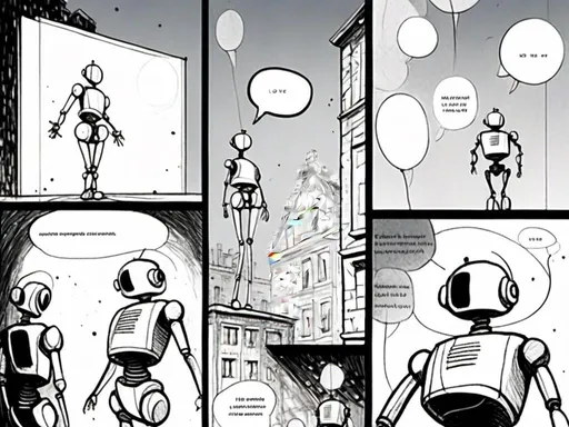 Prompt: <mymodel>love robot stortelling of  panels of comic for manga, with speech bubbles. white and empty Speech bubbles, double page, surreal atmosphere, symbolic representation, high contrast, deep shadows, monochromatic, digital rendering, high quality, minimalist, conceptual art, graffiti style, abstract, surreal, symbolic, atmospheric lighting, comic édition. full strory comic love robot, white and empty Speech bubbles, stortelling 