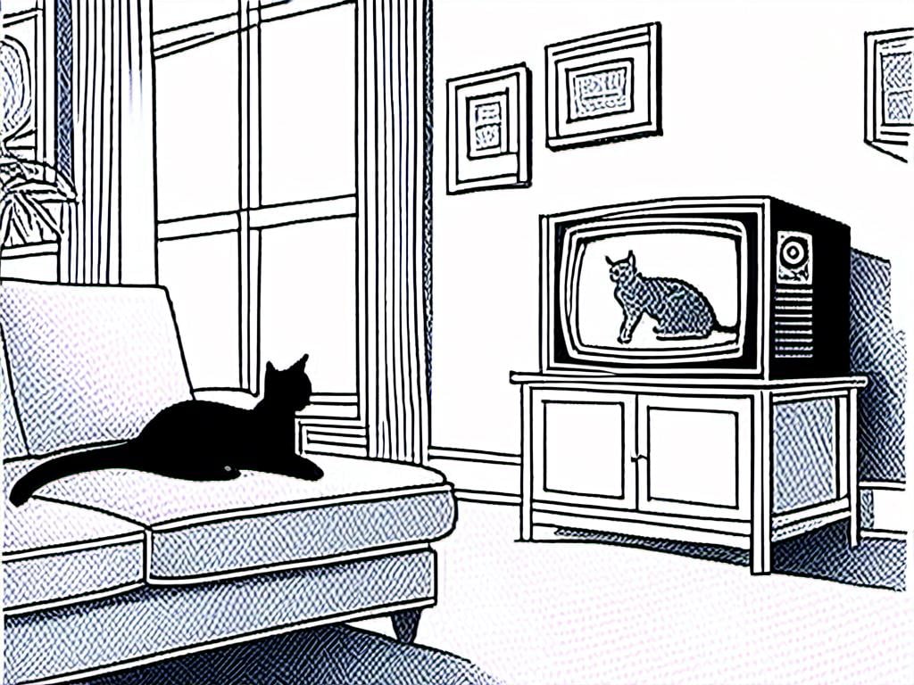 Prompt: <mymodel> a cat shows a cat on the living room television drawing of a contented cat enjoying, inked, detailed fur with subtle highlights, tranquil ambiance, high quality, charcoal drawing, realistic, detailed, contented cat, a cat shows a cat on the living room television, tranquil ambiance