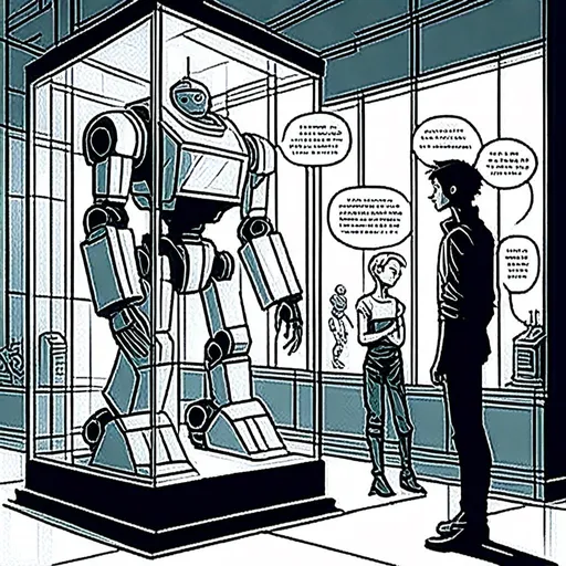 Prompt: <mymodel>a robot standing next to a machine in a glass case with a man inside of it, Artgerm, panfuturism, ex machina, concept art robot stortelling of  panels of comic for manga, with speech bubbles. white and empty Speech bubbles, double page, surreal atmosphere, symbolic representation, high contrast, deep shadows, monochromatic, digital rendering, high quality, minimalist, conceptual art, graffiti style, abstract, surreal, symbolic, atmospheric lighting, comic édition. full strory comic love robot, white and empty Speech bubbles, stortelling  a robot standing next to a machine in a glass case with a man inside of it, Artgerm, panfuturism, ex machina, concept art