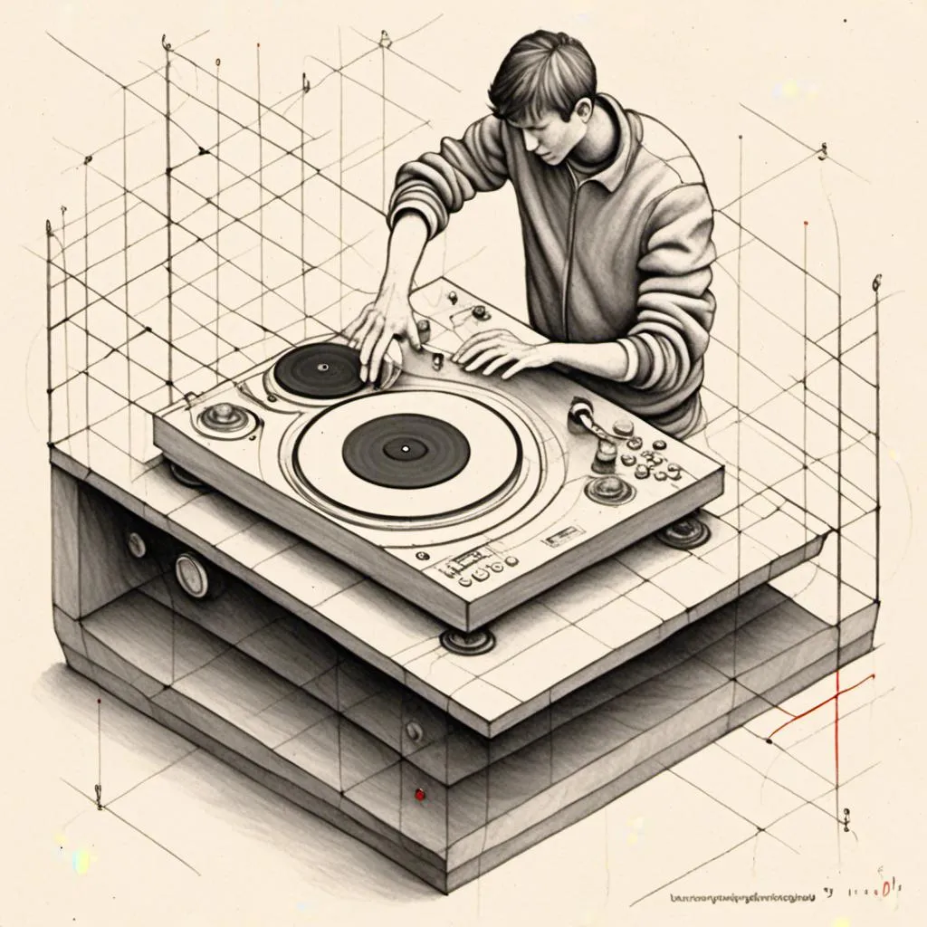 Prompt: <mymodel><mymodel> here's an isometric view of a hand DJ: In this isometric view, the DJ is standing with both hands on the turntable, manipulating the record. The record is spinning quickly, creating a dynamic effect. The turntable is positioned in the center of the isometric space, with the DJ's hands hovering above it. The DJ's arms are positioned slightly out to the sides, creating a dynamic and energetic composition. The whole scene is presented from an isometric viewpoint, with a dynamic perspective and a cinematic quality.