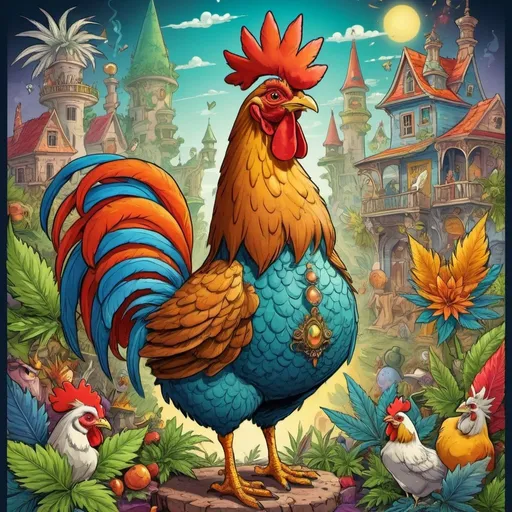 Prompt: prompt de base : Cartoon illustration " POULE majestueuse  " with basmoking big joint with friends and big cannabis, vibrant and colorful, whimsical fantasy setting, intricate details, high quality, misc-manga, fantasy, vibrant colors, intricate design, magical atmosphere.
