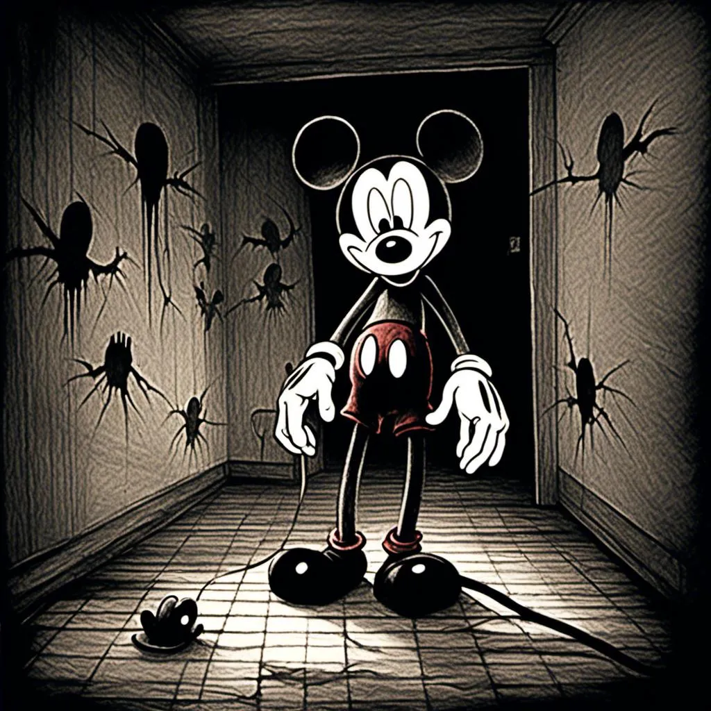 Prompt: <mymodel>Creepy, unsettling illustration of Mickey Mouse, dark and eerie ambiance, eerie details, high quality, detailed shadows, horror, sinister, disturbing, eerie lighting, surreal, unsettling atmosphere, dark tones, menacing, suspenseful, detailed, haunting, ominous