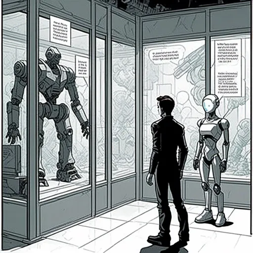 Prompt: <mymodel>a robot standing next to a machine in a glass case with a man inside of it, Artgerm, panfuturism, ex machina, concept art robot stortelling of  panels of comic for manga, with speech bubbles. white and empty Speech bubbles, double page, surreal atmosphere, symbolic representation, high contrast, deep shadows, monochromatic, digital rendering, high quality, minimalist, conceptual art, graffiti style, abstract, surreal, symbolic, atmospheric lighting, comic édition. full strory comic love robot, white and empty Speech bubbles, stortelling  a robot standing next to a machine in a glass case with a man inside of it, Artgerm, panfuturism, ex machina, concept art