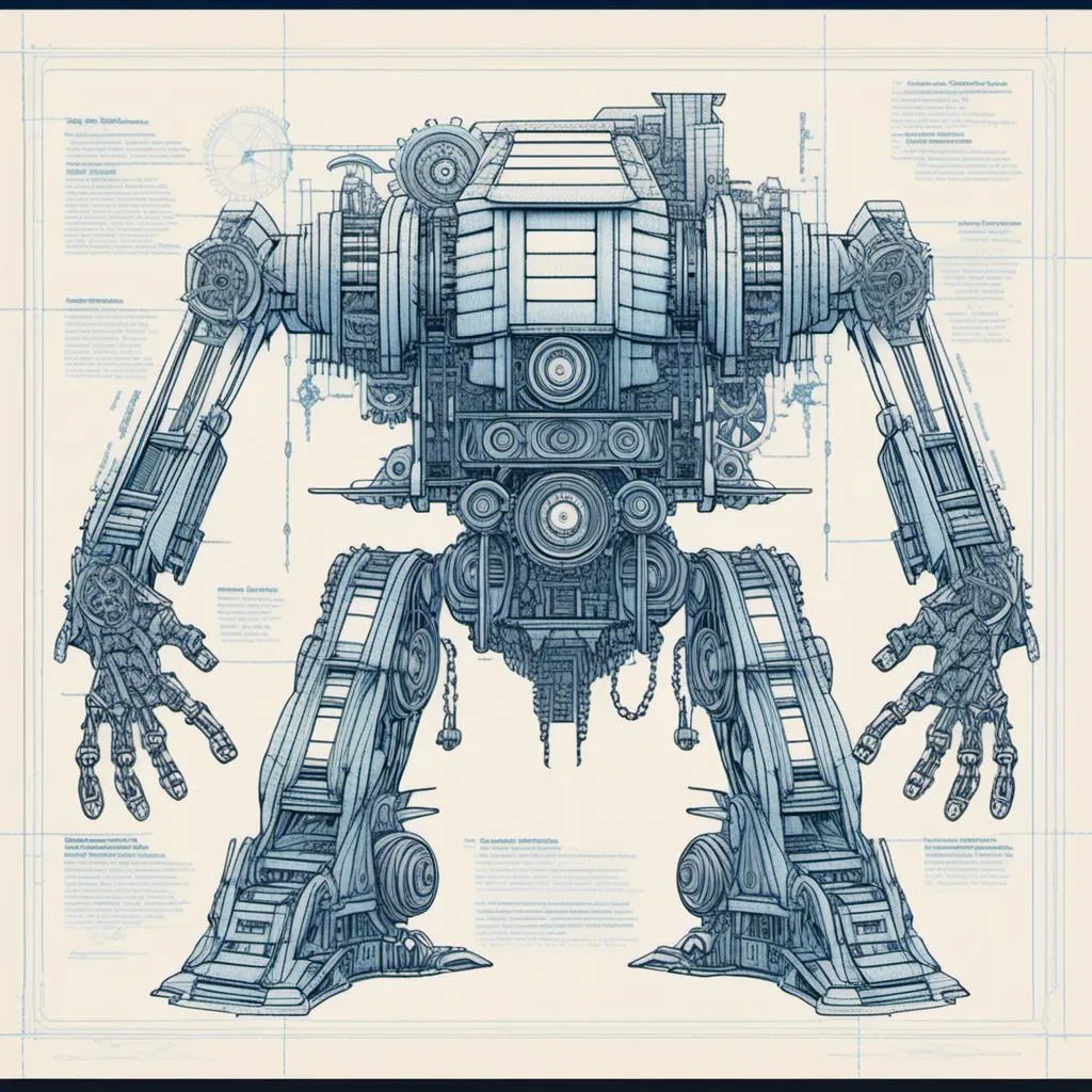 Prompt: blueprint: detailed engineering drawing: light mech, scifi, complex construction, components: dimension diagram, intricate design and technical specifications.a blueprint drawing of a machine with gears and wheels on it's side, with a large amount of details, Beeple, retrofuturism, mecha, a detailed drawing<mymodel>