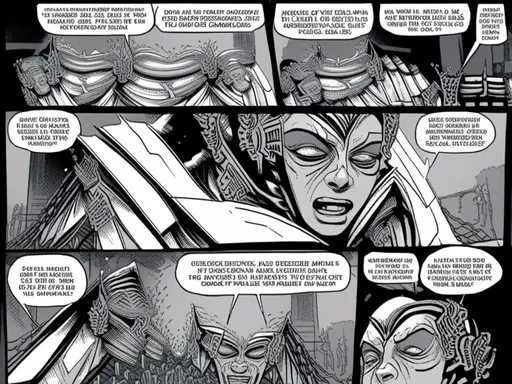 Prompt: <mymodel>stroyboard, storytelling, script comic bookdetailed inked panels, special edition storytelling, high-quality, professional, real, intense actionteenage female cenobite with face covered in symmetrical metal blades and machines. insane laughter, dead, dead white eyes, Goddess of love and pain, divine madness, detailed facial expression, suspended in air by chains coming out of her body, ultra fine details, masterpiece, <mymodel>stroyboard, storytelling, script comic book