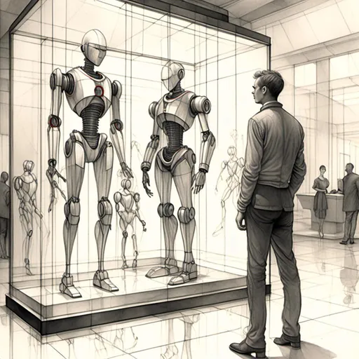 Prompt: <mymodel>a drawing of a robot standing next to a machine in a glass case with a man inside of it, Artgerm, panfuturism, ex machina, concept art