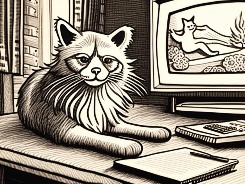 Prompt: <mymodel> a cat shows a cat on the living room television drawing of a contented cat enjoying, inked, detailed fur with subtle highlights, tranquil ambiance, high quality, charcoal drawing, realistic, detailed, contented cat, a cat shows a cat on the living room television, tranquil ambiance