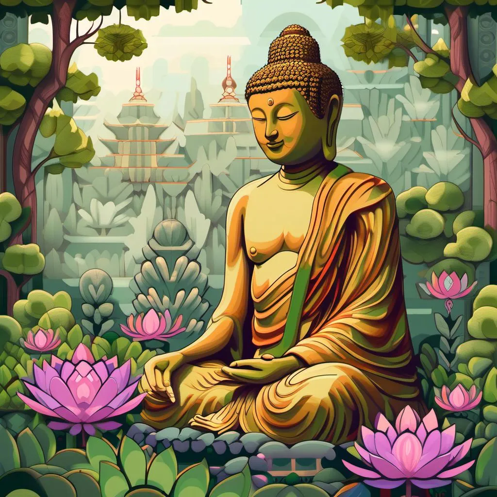 Prompt: Voici un prompt pour une illustration de ce que vous avez décrit : L'illustration devrait représenter une statue de Bouddha sereine dans un écrin de verdure luxuriante. La végétation doit être détaillée et détaillée, avec une gamme de couleurs vives et éclatantes. Le Bouddha doit être représenté avec des traits délicats et une pose de méditation profonde. Ses mains doivent être posées sur les genoux, les yeux fermés, dans un geste de méditation profonde. La végétation doit être représentée de manière détaillée et détaillée, avec des feuilles vertes. Les lianes grimpantes et les orchidees doivent etre representees de facon detaillee et detaillee. Les rayons de soleil doivent filtrer a travers la canopee dense, projetant des taches lumineuses sur la statue de Bouddha. Les oiseaux doivent chanter melodieusement, leurs chants harmonieux se melant au murmure de la brise qui traverse les feuilles. Le tout doit etre represente de maniere detaillee, avec des couleurs vives et eclatantes.<mymodel>