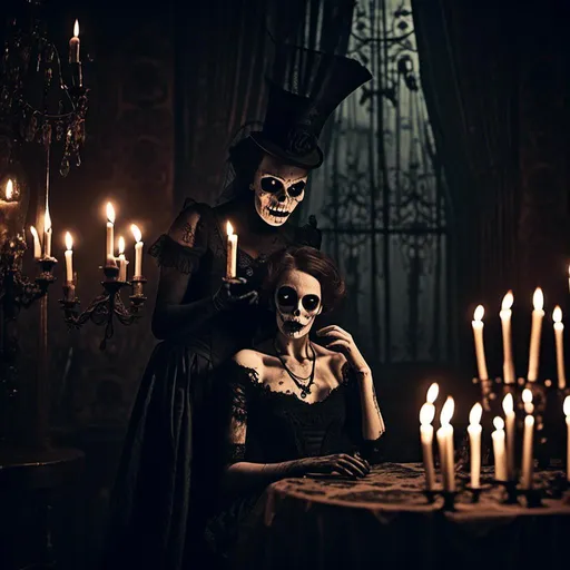 Prompt: Mysterious performers in a cabaret noir, eerie gothic se<mymodel>tting, dimly lit stage, vintage velvet curtains, elaborate costumes, ominous atmosphere, detailed makeup, highres, detailed, misc-macabre, dark tones, gothic, vintage, atmospheric lighting