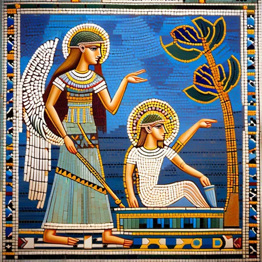 Prompt: mosaique; La mythologie babylonienne est une mythologie qui a ete inventee et developed en Babylone, un empire antique qui existait en Irak. mosaique; Elle contient des mythes, des histoires et des personnages importants qui ont joue un role important dans la culture babylonienne. mosaique; Les personnages les plus importants dans la mythologie babylonienne sont les dieux et les personnages heroiques. 
 mosaique; Les dieux et les personnages heroiques de la mythologie babylonienne sont souvent representes dans les sculptures et les dessins des periods antique et moyen. mosaique<mymodel>mosaique mosaique.<mymodel>